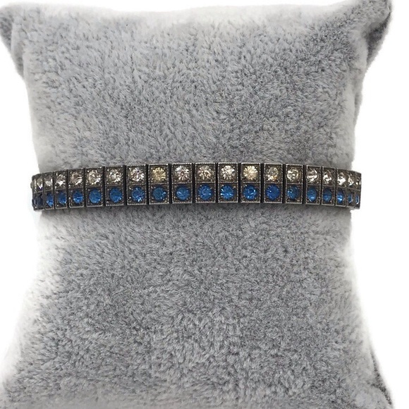 Art Deco Antique Sterling Silver Diamonbar Blue 2 Row Rhinestone Buckle Bracelet - Picture 6 of 9